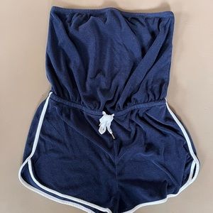Dark blue sporty romper with white stripe and tie